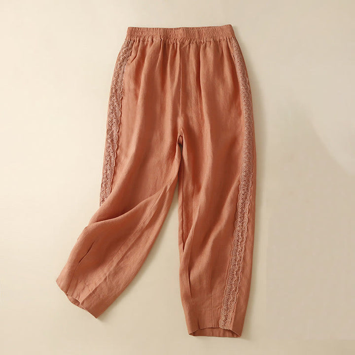 Buddha Stones Jednokolorowe Kwiaty Haftowane Boki Spodnie Damskie Lniane Z Kieszeniami