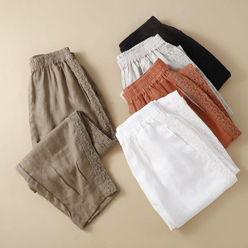 Buddha Stones Jednokolorowe Kwiaty Haftowane Boki Spodnie Damskie Lniane Z Kieszeniami