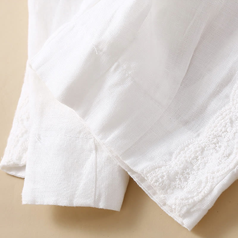 Buddha Stones Jednokolorowe Kwiaty Haftowane Boki Spodnie Damskie Lniane Z Kieszeniami