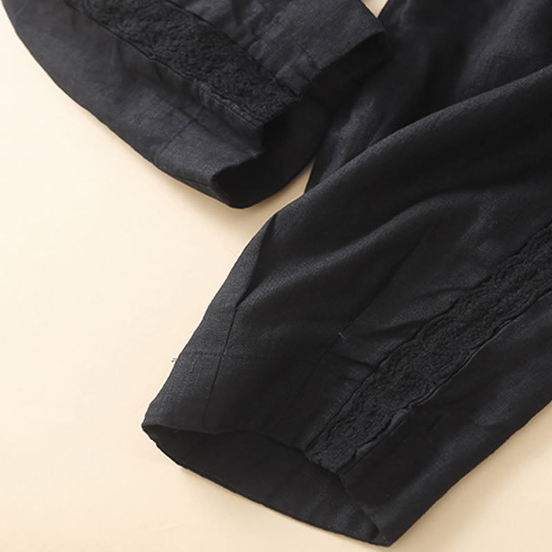 Buddha Stones Jednokolorowe Kwiaty Haftowane Boki Spodnie Damskie Lniane Z Kieszeniami