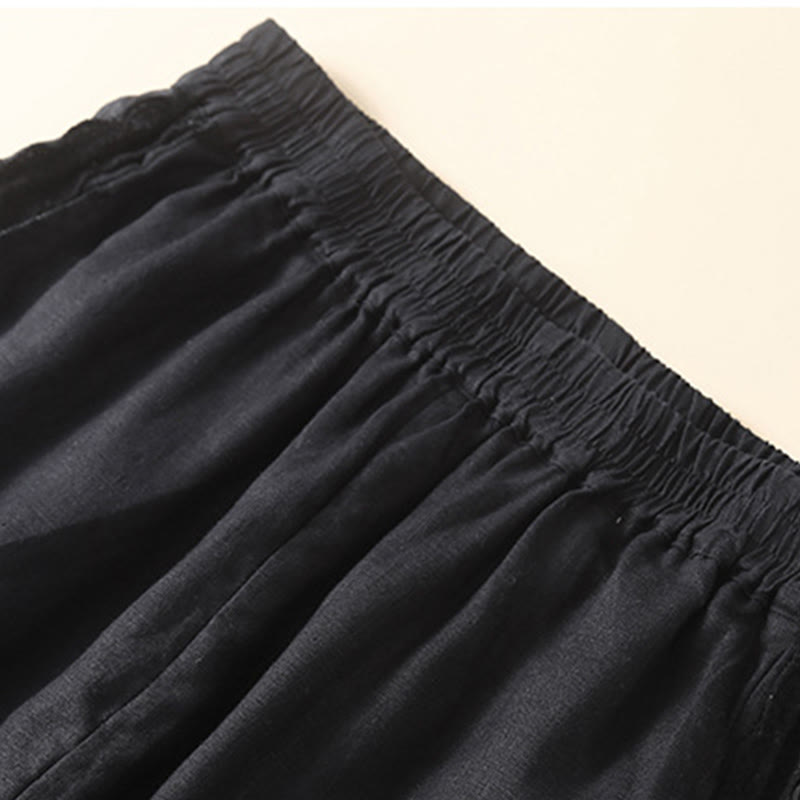 Buddha Stones Jednokolorowe Kwiaty Haftowane Boki Spodnie Damskie Lniane Z Kieszeniami