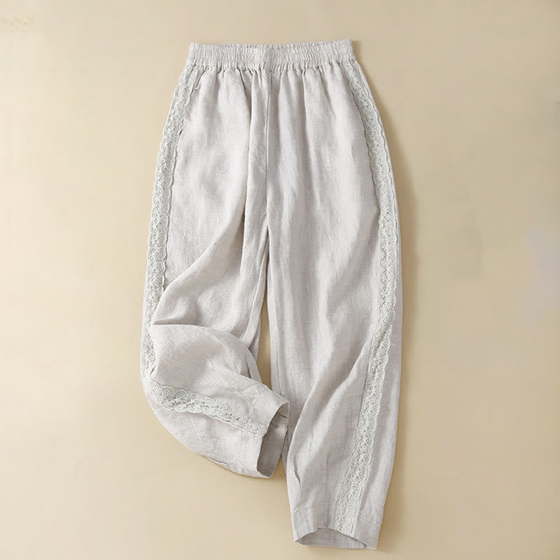 Buddha Stones Jednokolorowe Kwiaty Haftowane Boki Spodnie Damskie Lniane Z Kieszeniami