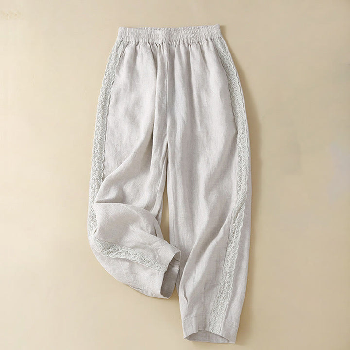 Buddha Stones Jednokolorowe Kwiaty Haftowane Boki Spodnie Damskie Lniane Z Kieszeniami