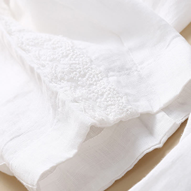 Buddha Stones Jednokolorowe Kwiaty Haftowane Boki Spodnie Damskie Lniane Z Kieszeniami