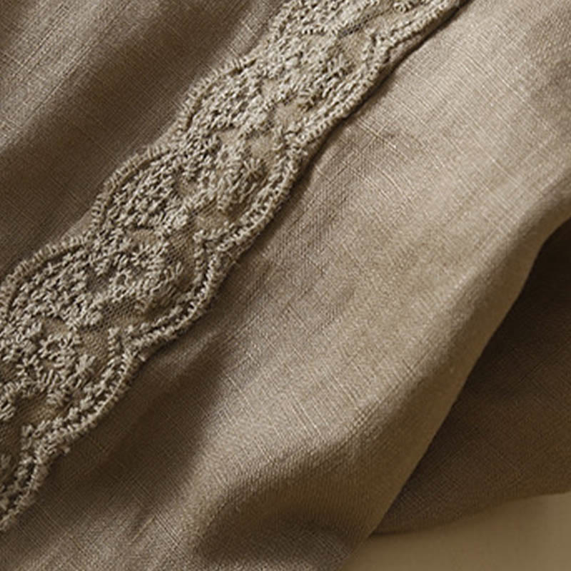 Buddha Stones Jednokolorowe Kwiaty Haftowane Boki Spodnie Damskie Lniane Z Kieszeniami