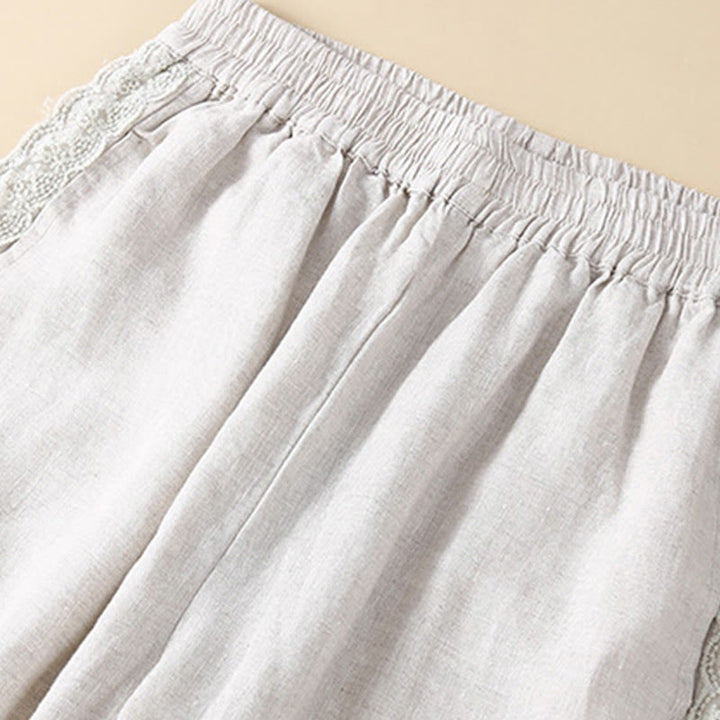 Buddha Stones Jednokolorowe Kwiaty Haftowane Boki Spodnie Damskie Lniane Z Kieszeniami