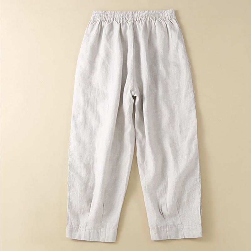 Buddha Stones Jednokolorowe Kwiaty Haftowane Boki Spodnie Damskie Lniane Z Kieszeniami