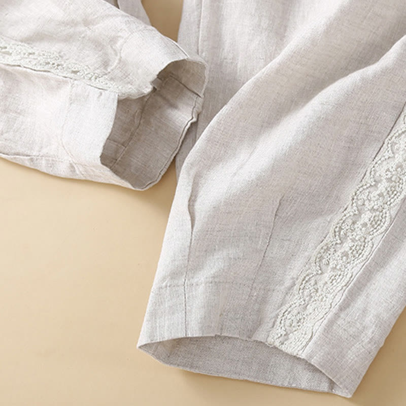 Buddha Stones Jednokolorowe Kwiaty Haftowane Boki Spodnie Damskie Lniane Z Kieszeniami