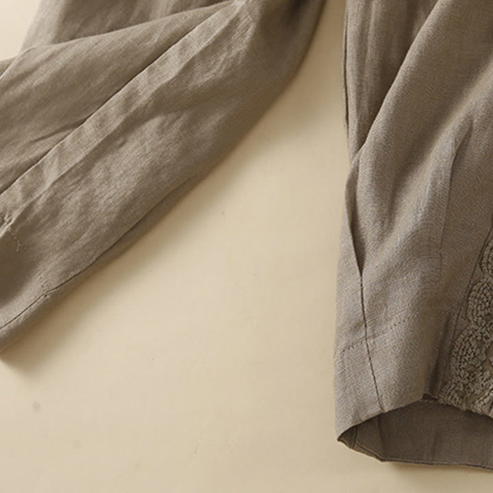 Buddha Stones Jednokolorowe Kwiaty Haftowane Boki Spodnie Damskie Lniane Z Kieszeniami