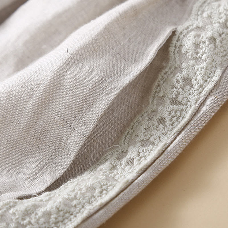 Buddha Stones Jednokolorowe Kwiaty Haftowane Boki Spodnie Damskie Lniane Z Kieszeniami