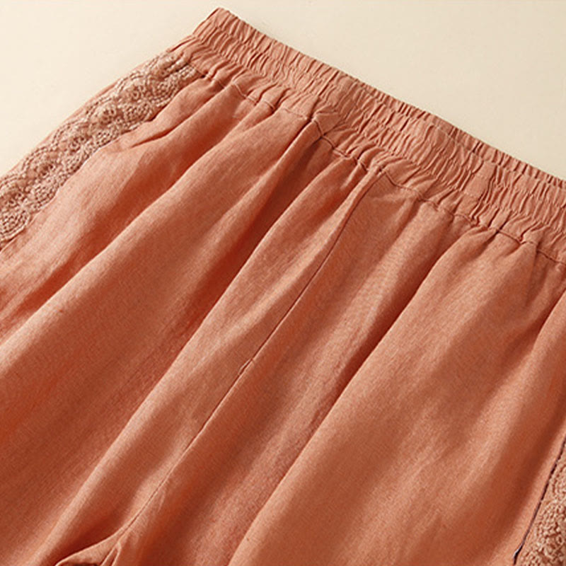 Buddha Stones Jednokolorowe Kwiaty Haftowane Boki Spodnie Damskie Lniane Z Kieszeniami