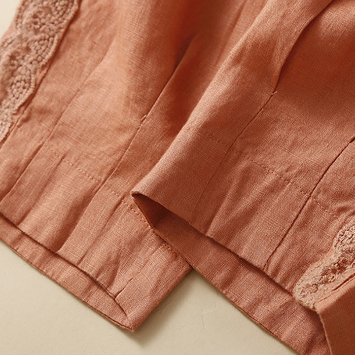 Buddha Stones Jednokolorowe Kwiaty Haftowane Boki Spodnie Damskie Lniane Z Kieszeniami