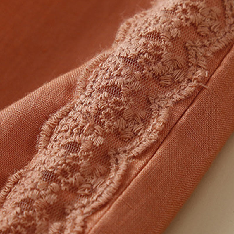 Buddha Stones Jednokolorowe Kwiaty Haftowane Boki Spodnie Damskie Lniane Z Kieszeniami