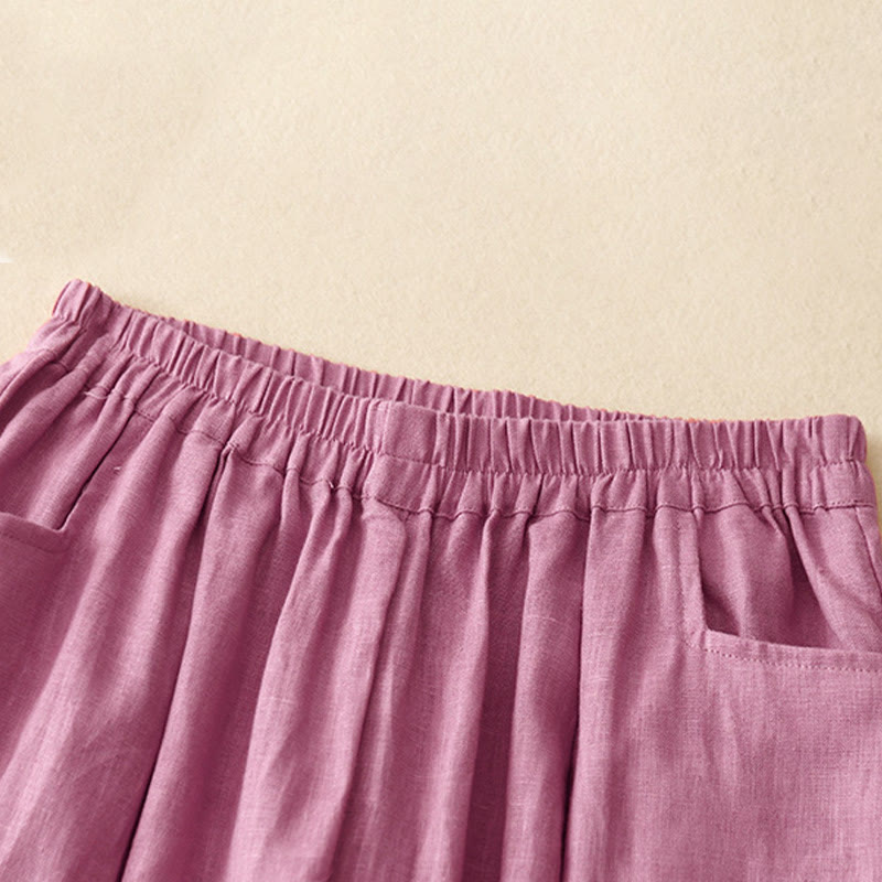 Buddha Stones Casualowe Gładkie Jednokolorowe Lniane Spodnie Damskie Z Kieszeniami - image 5