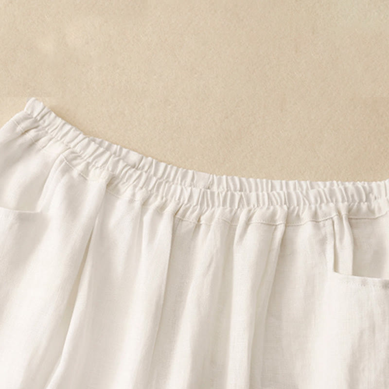 Buddha Stones Casualowe Gładkie Jednokolorowe Lniane Spodnie Damskie Z Kieszeniami - image 14