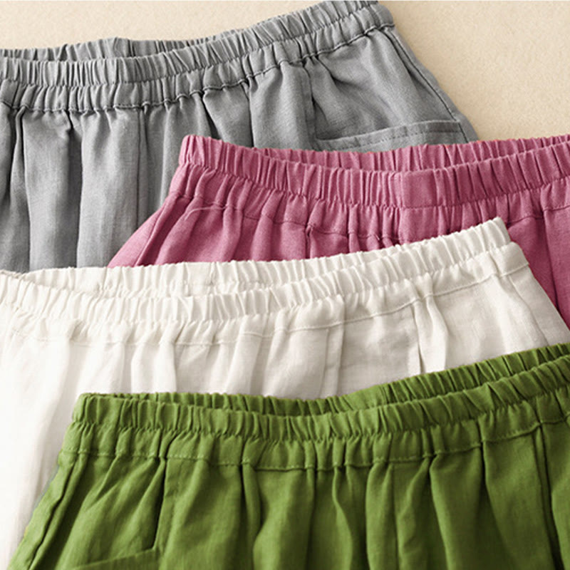 Buddha Stones Casualowe Gładkie Jednokolorowe Lniane Spodnie Damskie Z Kieszeniami - image 2