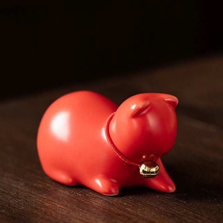 Buddha Stones Mini Słodkie Stojące Leżące Kot Herbata Zwierzę Ceramiczne Figurka Dekoracja Biurka Domowego - Leżący Kot 5*3*3cm - Czerwony - image 23