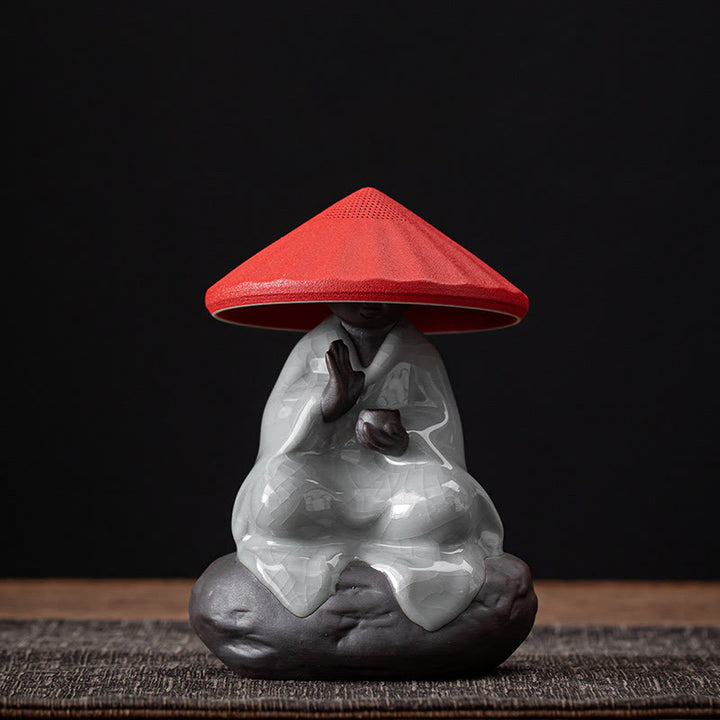 Buddha Stones Mały Kapelusz Mnicha Zen Sitko Ceramiczne Akcesoria Do Herbaty Figurka Dekoracja Domu - Sitko Monk Red Hat z wzorem pęknięć 9*12,2 cm - image 24