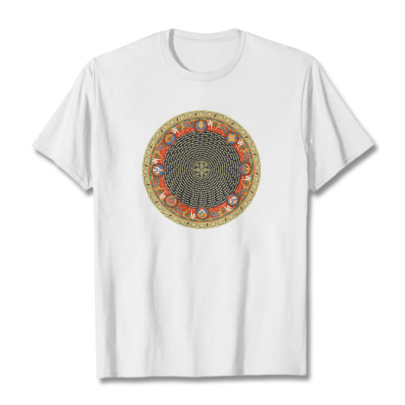 Buddha Stones Okrągły Om Mani Padme Hum Osiem Pomyślnych Symboli Bawełniana Koszulka T-shirt - Biały - 2XL - image 11