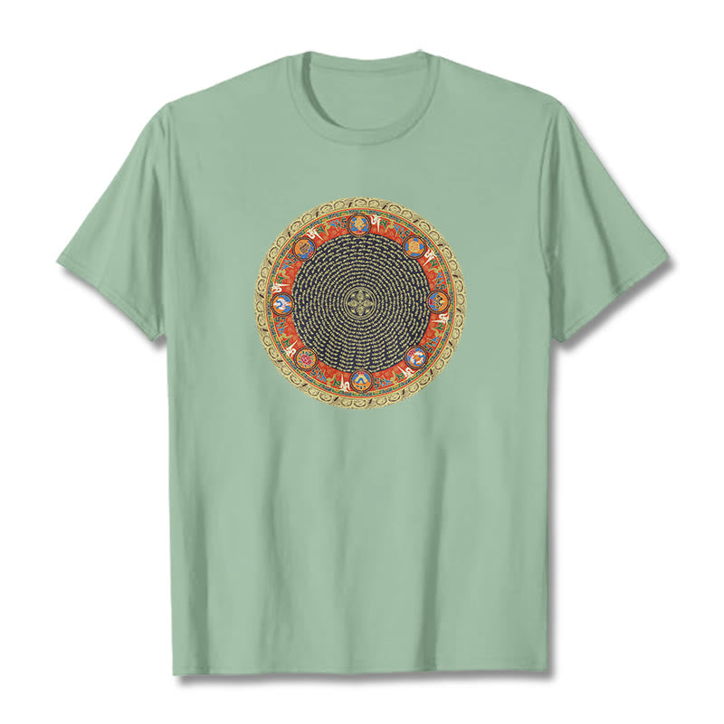 Buddha Stones Okrągły Om Mani Padme Hum Osiem Pomyślnych Symboli Bawełniana Koszulka T-shirt - PaleGreen - 2XL - image 15