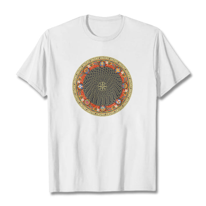 Buddha Stones Okrągły Om Mani Padme Hum Osiem Pomyślnych Symboli Bawełniana Koszulka T-shirt - Biały - 2XL - image 12