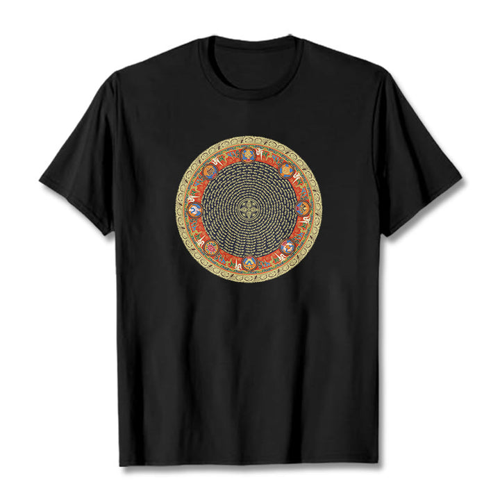 Buddha Stones Okrągły Om Mani Padme Hum Osiem Pomyślnych Symboli Bawełniana Koszulka T-shirt - Czarny - 2XL - image 4
