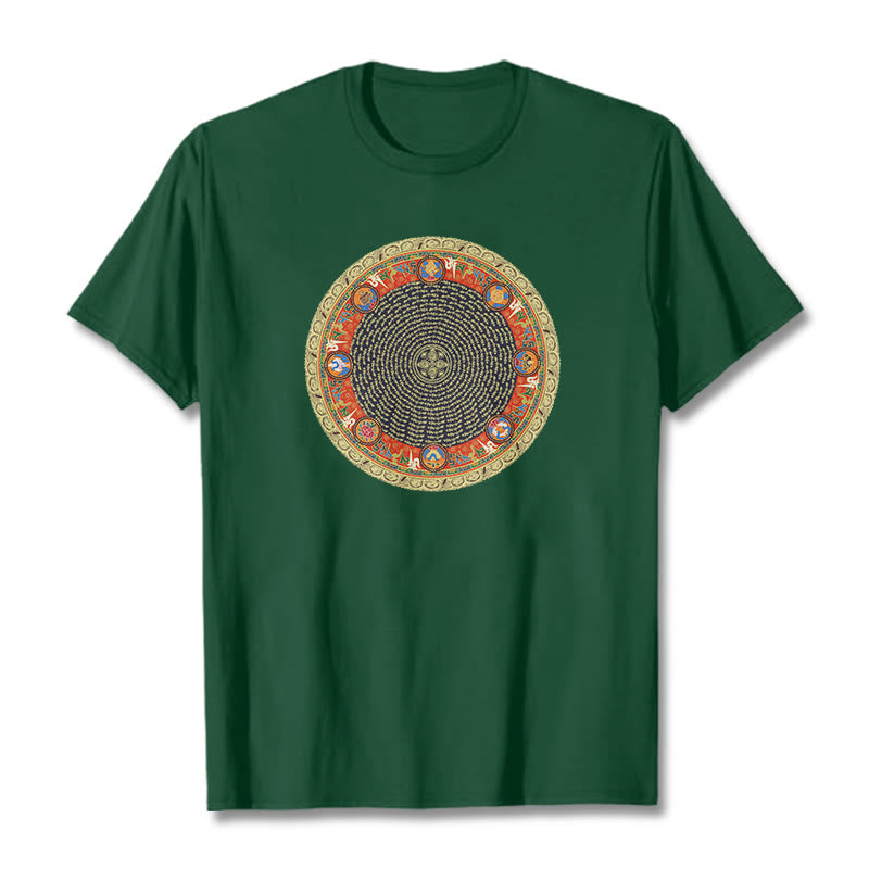 Buddha Stones Okrągły Om Mani Padme Hum Osiem Pomyślnych Symboli Bawełniana Koszulka T-shirt - ForestGreen - 2XL - image 1