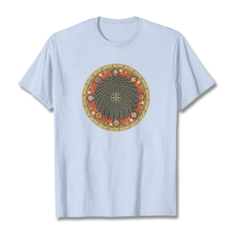 Buddha Stones Okrągły Om Mani Padme Hum Osiem Pomyślnych Symboli Bawełniana Koszulka T-shirt - Jasnoniebieski - 2XL - image 8