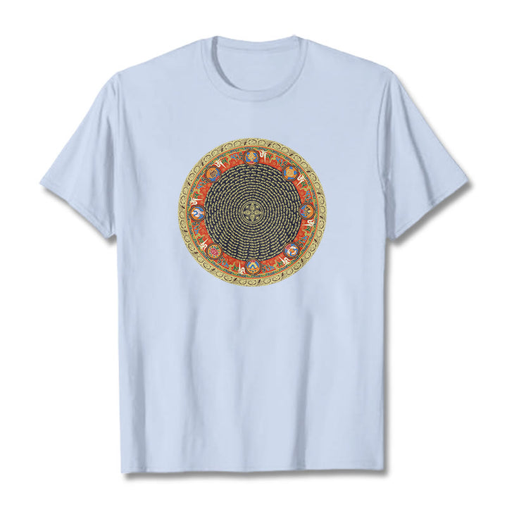 Buddha Stones Okrągły Om Mani Padme Hum Osiem Pomyślnych Symboli Bawełniana Koszulka T-shirt - Jasnoniebieski - 2XL - image 8