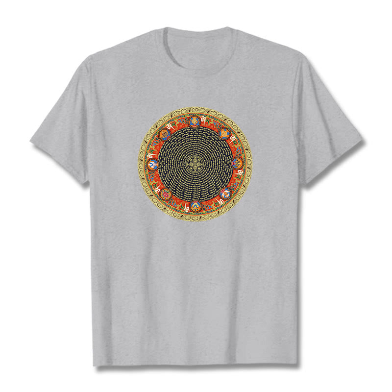 Buddha Stones Okrągły Om Mani Padme Hum Osiem Pomyślnych Symboli Bawełniana Koszulka T-shirt - Jasnoszary - 2XL - image 0