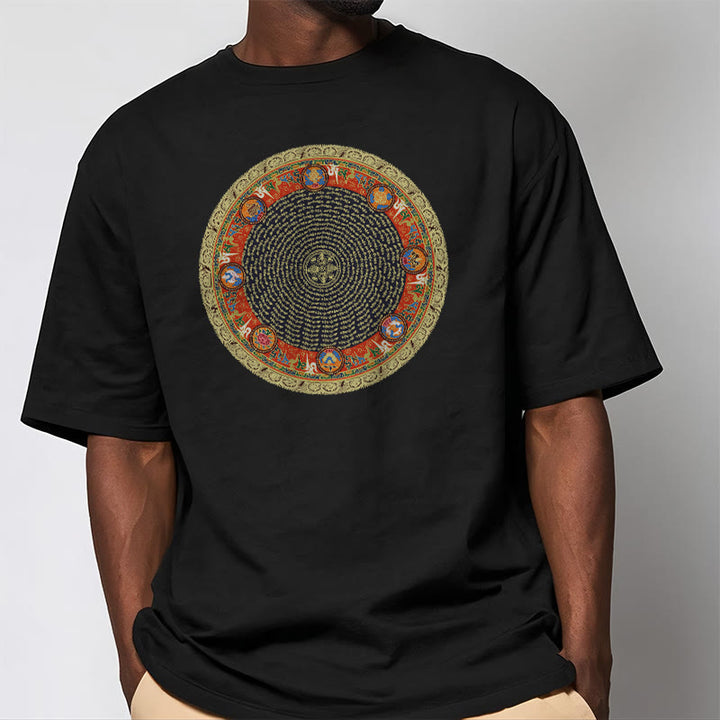Buddha Stones Okrągły Om Mani Padme Hum Osiem Pomyślnych Symboli Bawełniana Koszulka T-shirt - image 5