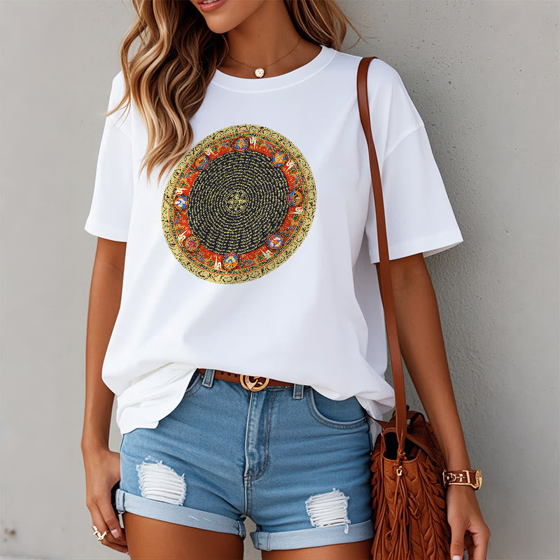 Buddha Stones Okrągły Om Mani Padme Hum Osiem Pomyślnych Symboli Bawełniana Koszulka T-shirt - image 14