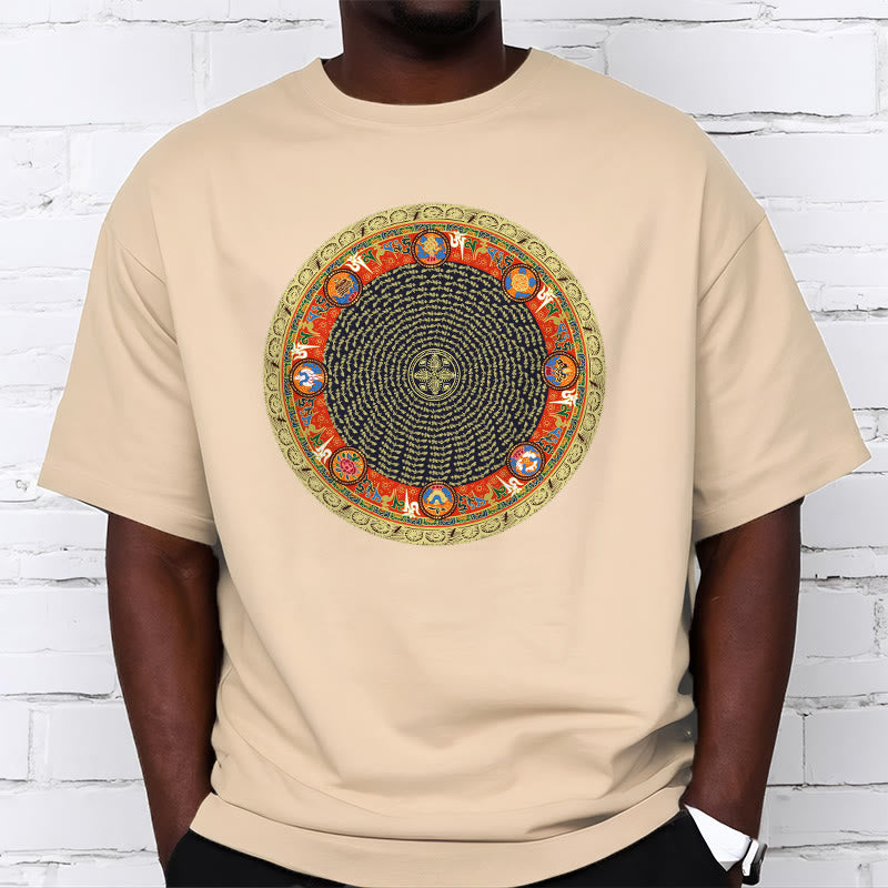 Buddha Stones Okrągły Om Mani Padme Hum Osiem Pomyślnych Symboli Bawełniana Koszulka T-shirt - image 11