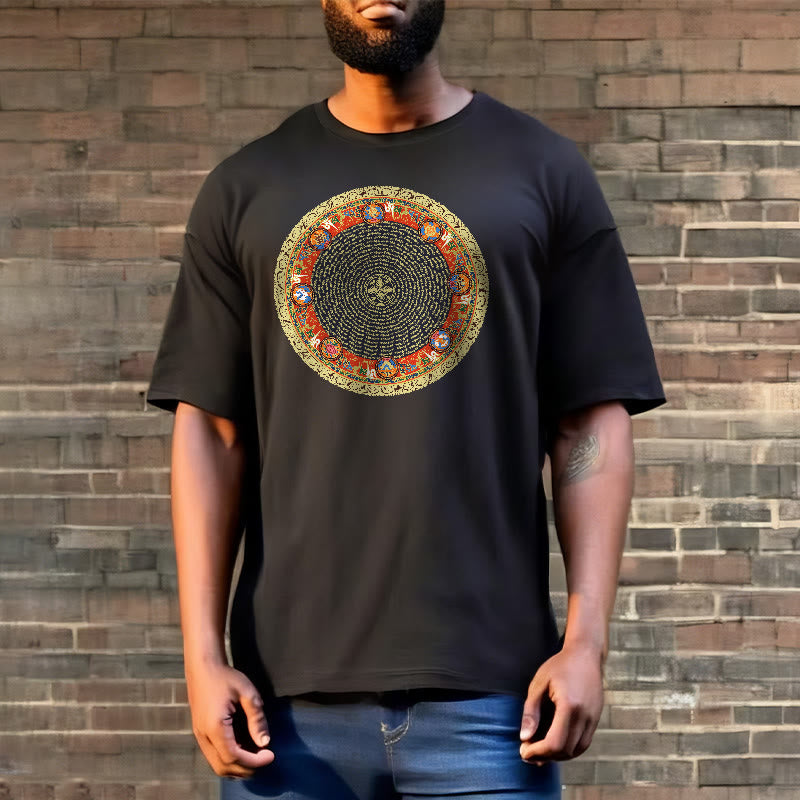 Buddha Stones Okrągły Om Mani Padme Hum Osiem Pomyślnych Symboli Bawełniana Koszulka T-shirt - image 7