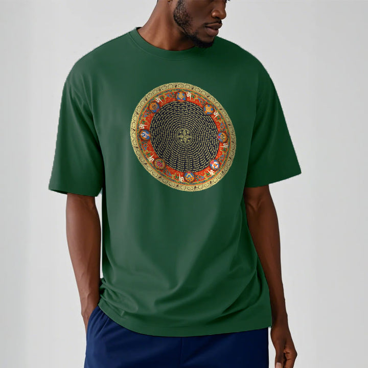 Buddha Stones Okrągły Om Mani Padme Hum Osiem Pomyślnych Symboli Bawełniana Koszulka T-shirt - image 2