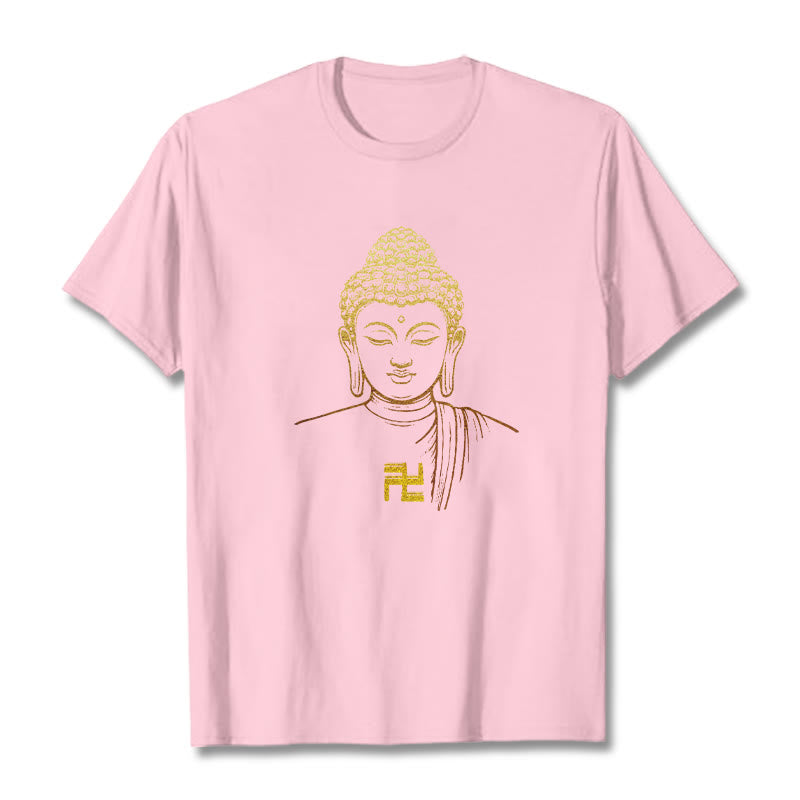Buddha Stones Swastyka Wzór Złoty Budda Bawełniana Koszulka T-shirt - Jasnoróżowy - 2XL - image 18