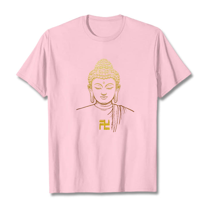 Buddha Stones Swastyka Wzór Złoty Budda Bawełniana Koszulka T-shirt - Jasnoróżowy - 2XL - image 18