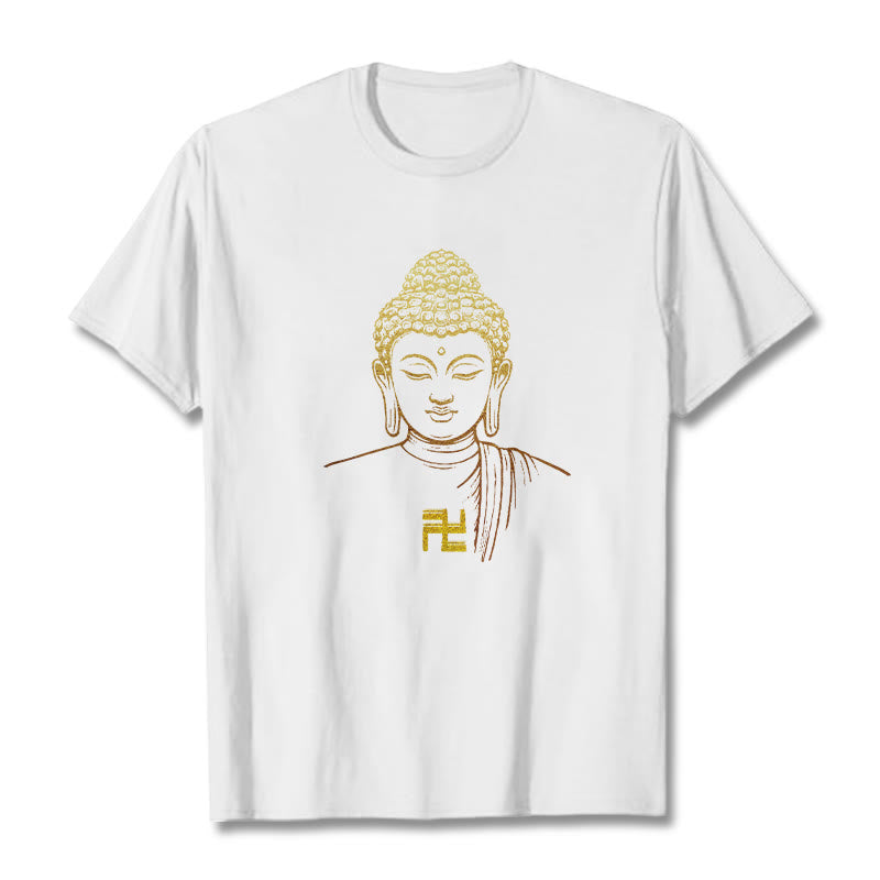 Buddha Stones Swastyka Wzór Złoty Budda Bawełniana Koszulka T-shirt - Biały - 2XL - image 0