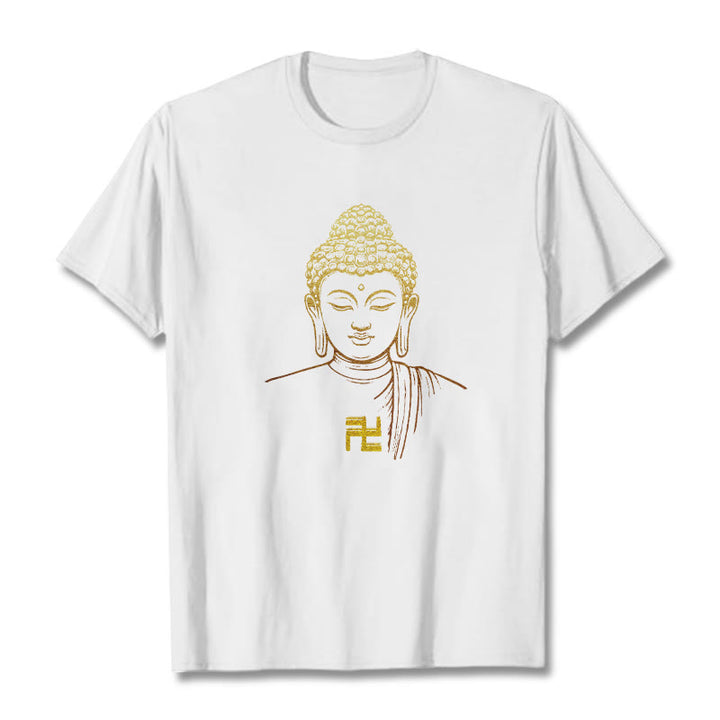 Buddha Stones Swastyka Wzór Złoty Budda Bawełniana Koszulka T-shirt - Biały - 2XL - image 0