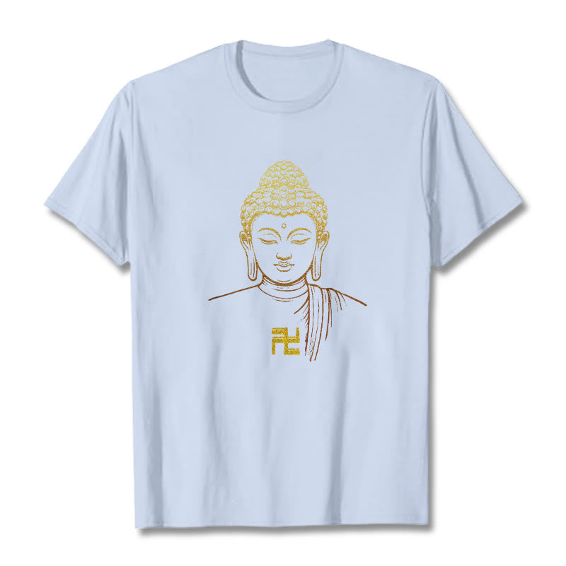 Buddha Stones Swastyka Wzór Złoty Budda Bawełniana Koszulka T-shirt - Jasnoniebieski - 2XL - image 16