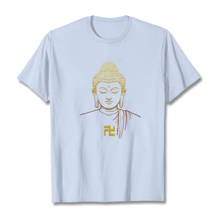 Buddha Stones Swastyka Wzór Złoty Budda Bawełniana Koszulka T-shirt - Jasnoniebieski - 2XL - image 16