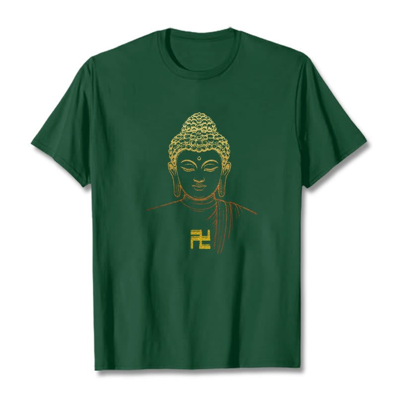 Buddha Stones Swastyka Wzór Złoty Budda Bawełniana Koszulka T-shirt - ForestGreen - 2XL - image 8
