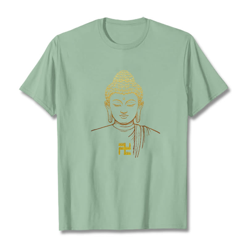 Buddha Stones Swastyka Wzór Złoty Budda Bawełniana Koszulka T-shirt - PaleGreen - 2XL - image 12