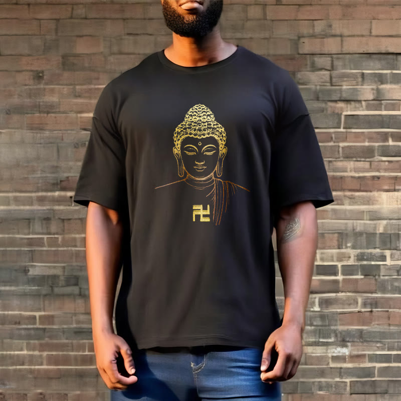 Buddha Stones Swastyka Wzór Złoty Budda Bawełniana Koszulka T-shirt - image 7