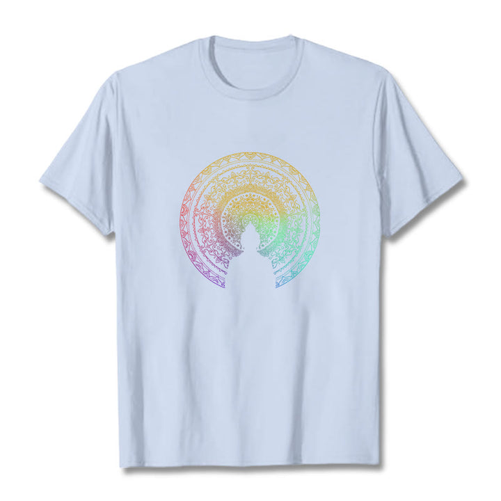 Buddha Stones Kolorowy Gradient Mandala Budda Bawełniana Koszulka T-shirt - Jasnoniebieski - 2XL - image 15
