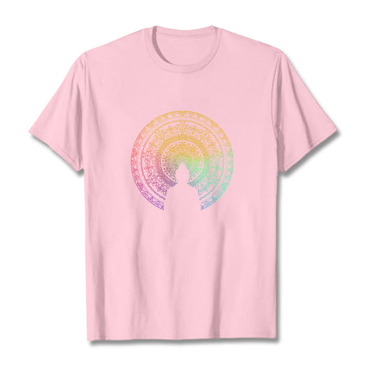 Buddha Stones Kolorowy Gradient Mandala Budda Bawełniana Koszulka T-shirt - Jasnoróżowy - 2XL - image 17