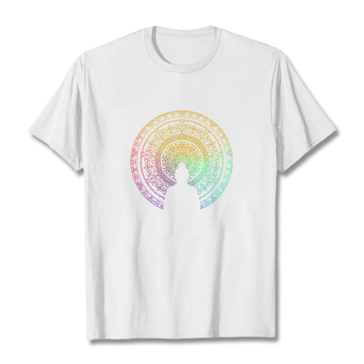 Buddha Stones Kolorowy Gradient Mandala Budda Bawełniana Koszulka T-shirt - Biały - 2XL - image 7