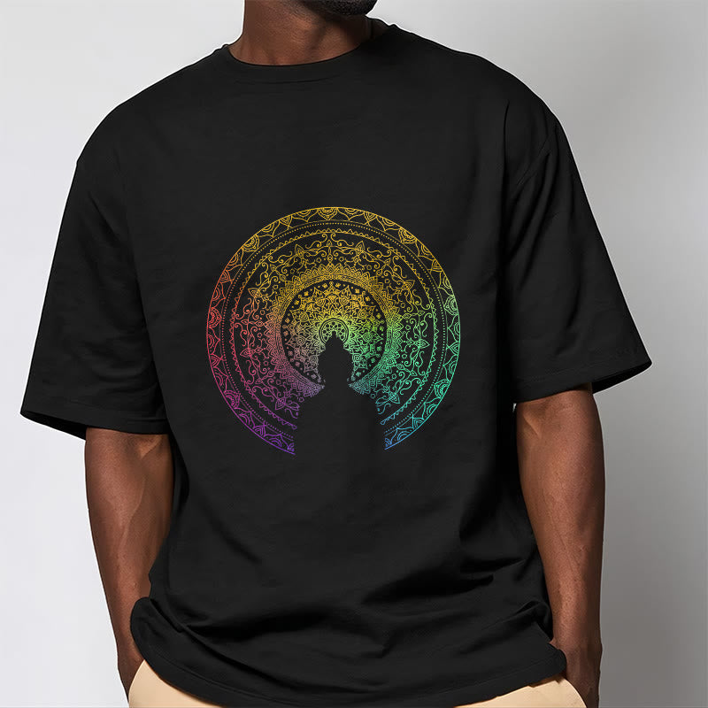 Buddha Stones Kolorowy Gradient Mandala Budda Bawełniana Koszulka T-shirt - image 1