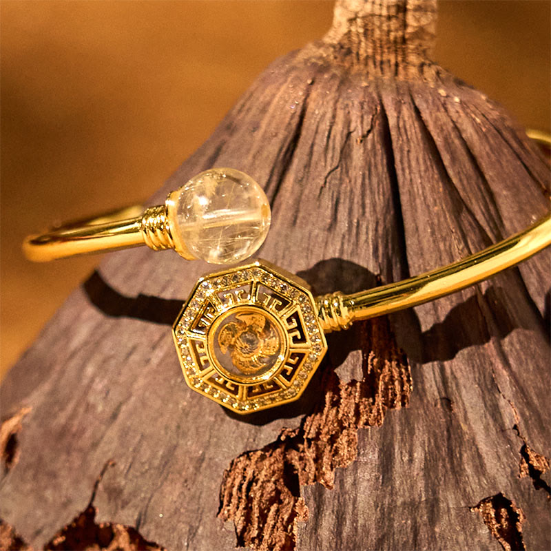 Buddha Stones Rutilated Quartz Miedź Mosiądz Obrotowy Wiatrak Feng Sheng Shui Qi Odwaga Bransoletka Bangle