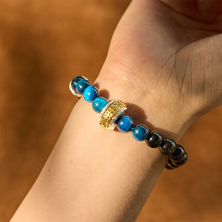 Bransoletka ochronna Buddha Stones Silver Sheen z obsydianu i niebieskiego tygrysiego oka
